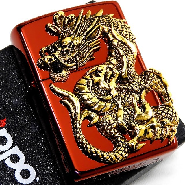 ZIPPO(ジッポー)の◇ZIPPO◇限定ドラゴンメタル◇天然オニキス 二面連続メタル◇レッド◇ジッポ メンズのファッション小物(タバコグッズ)の商品写真