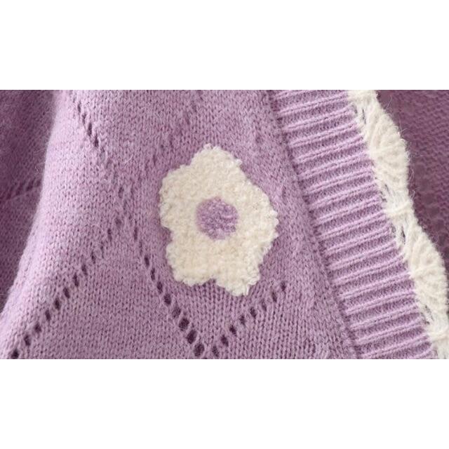 ZARA(ザラ)の🎐8月新作🍧5104◆purple パープル フラワー 花 ニット カーディガン レディースのトップス(カーディガン)の商品写真