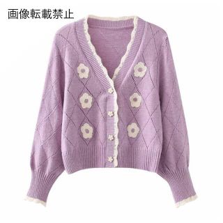 ザラ(ZARA)の🎐8月新作🍧5104◆purple パープル フラワー 花 ニット カーディガン(カーディガン)