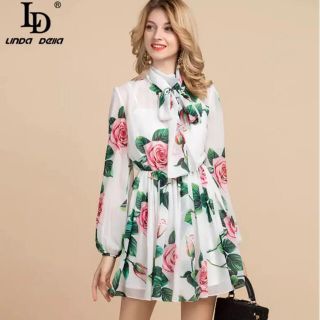 ドルチェアンドガッバーナ(DOLCE&GABBANA)の花柄 レース リボン シルク シフォンワンピース フリル(ミニワンピース)