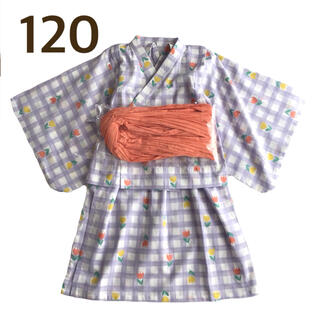 【120】チューリップ柄 チェック 浴衣ドレス(甚平/浴衣)
