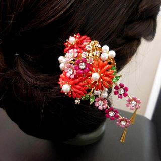 彫金かんざし(七宝焼風真っ赤な梅花)前差しタイプ(ヘアピン)