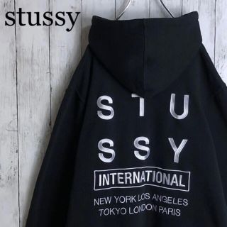 ステューシー(STUSSY)の【美品】【両面刺繍】ステューシー デカロゴ 刺繍ロゴ パーカー M 黒(パーカー)