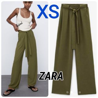 ザラ(ZARA)のZARA　(XS　カーキ)　フルイドワイドレッグパンツ(カジュアルパンツ)