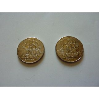 値下げ➆ﾆｭｰｼﾞｰﾗﾝﾄﾞ50ｾﾝﾄ(ｴﾝﾃﾞﾊﾞｰ号とﾀﾗﾅｷ山)２枚ｾｯﾄ(貨幣)