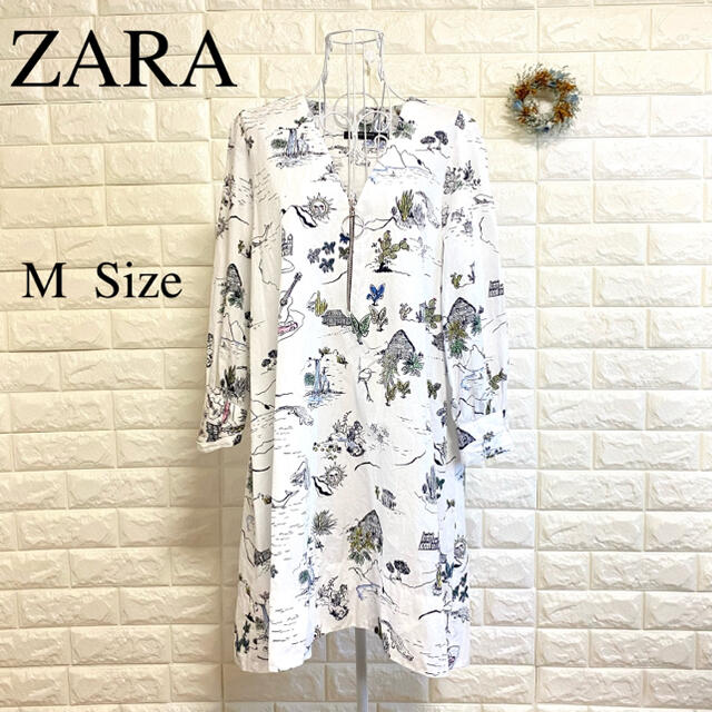 ZARA(ザラ)の美品 ZARA ザラ ワンピース 長袖 ヨーロピアン サンフェイス 白 総柄 レディースのワンピース(ひざ丈ワンピース)の商品写真