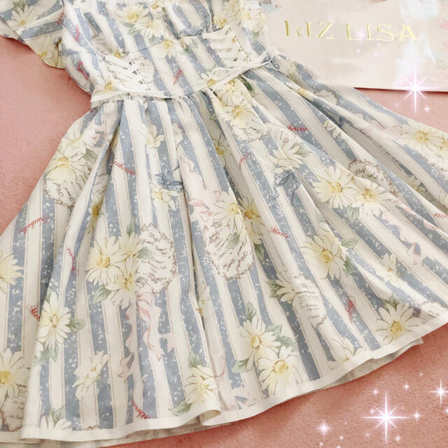 ☆リズリサLIZLISA☆ストライプマーガレット柄ワンピース☆新品ブルー