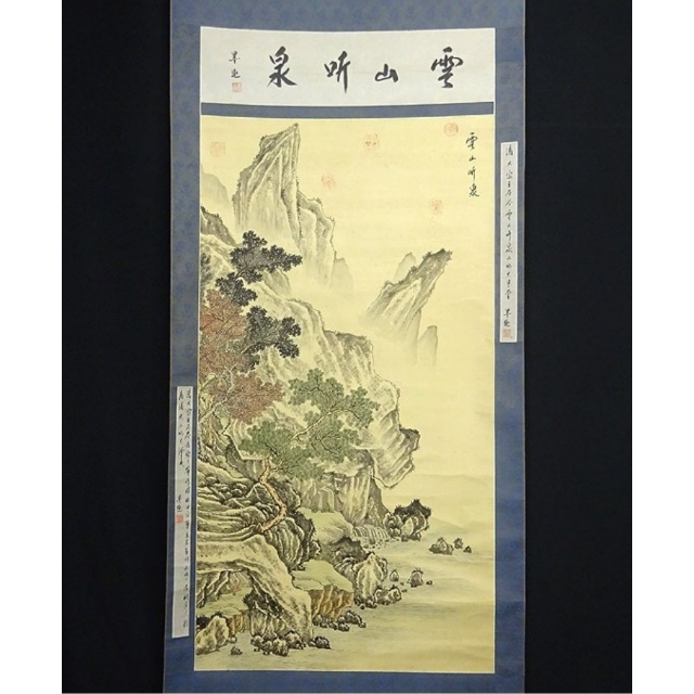 掛軸墨趣中国画画掛軸 墨趣『雲山听泉 山水図』中国画 画：絹本 書：紙本 掛け軸 a11106