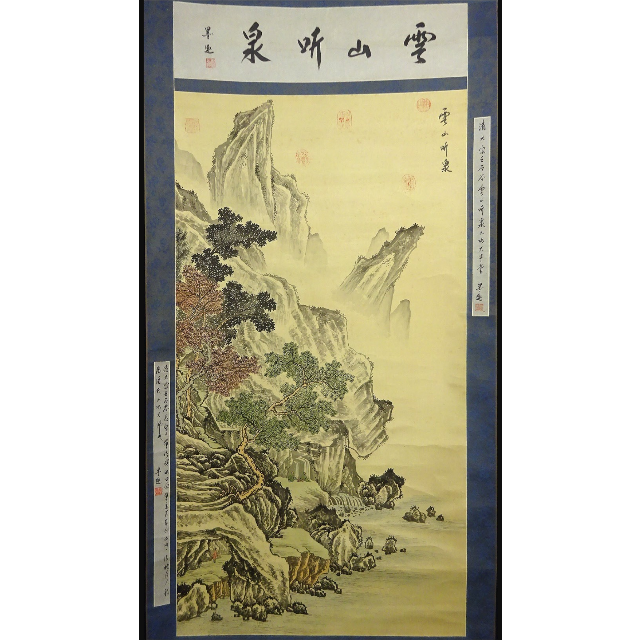 掛軸墨趣中国画画掛軸 墨趣『雲山听泉 山水図』中国画 画：絹本 書：紙本 掛け軸 a11106