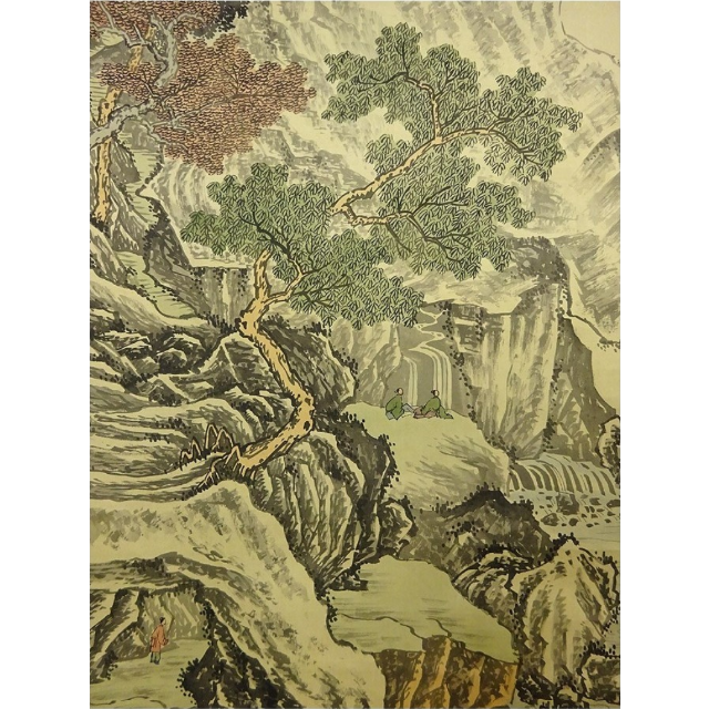 掛軸墨趣中国画画掛軸 墨趣『雲山听泉 山水図』中国画 画：絹本 書：紙本 掛け軸 a11106