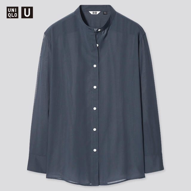 UNIQLO(ユニクロ)のUNIQLO シアーバンドカラーシャツ(長袖) ネイビー Mサイズ レディースのトップス(シャツ/ブラウス(長袖/七分))の商品写真