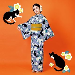 フェリシモ(FELISSIMO)のまたたびのお花とハチワレ猫さん　猫　浴衣(浴衣)