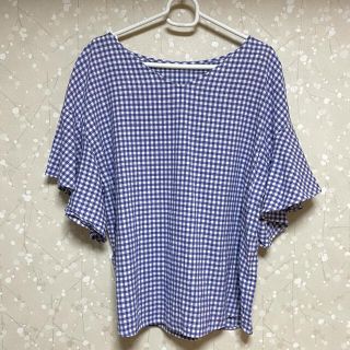 ジーユー(GU)のGU ブロックチェックブラウス　フリル袖　混麻リネン　XL(シャツ/ブラウス(半袖/袖なし))
