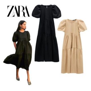 ザラ(ZARA)のザラ ボリュームスリーブワンピース ミディ ポプリン 2021SS(ロングワンピース/マキシワンピース)