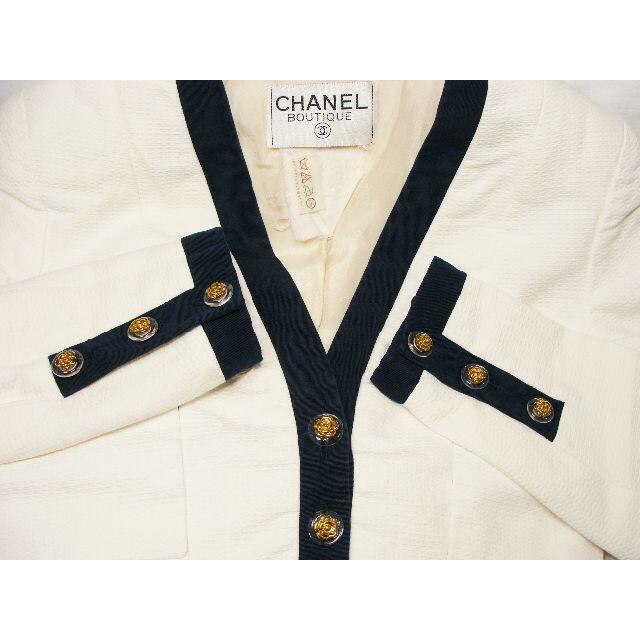 CHANELシャネルカメリア金釦バイカラーノーカラーコットン