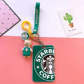 スターバックスコーヒー(Starbucks Coffee)の新品　スターバックスベアリスタ キーホルダー ストラップ　定期券入れ　緑エプロン(キーホルダー)