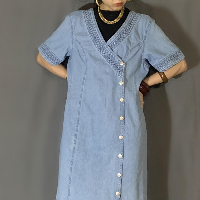 A.P.C(アーペーセー)のRhinestone denim wrap dress　古着デニムワンピース レディースのワンピース(ロングワンピース/マキシワンピース)の商品写真