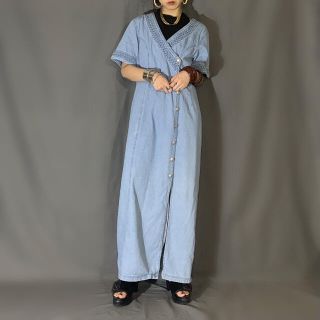 アーペーセー(A.P.C)のRhinestone denim wrap dress　古着デニムワンピース(ロングワンピース/マキシワンピース)