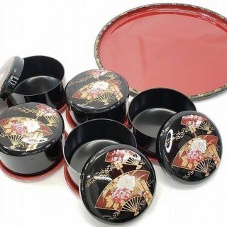 送料込 お盆とお椀5客　和食器セット　花柄　扇子模様 ED-10(食器)