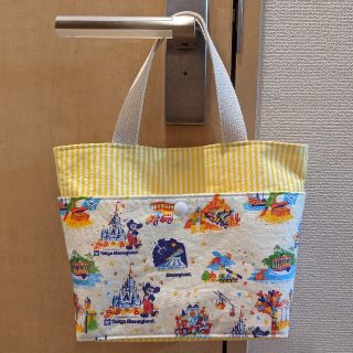 ハンドメイド　ミニトートバッグ　ディズニーレトロ紙袋✕イエローストライプ(バッグ)