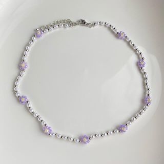 再々販♡ ビーズネックレス　pearl×purple flower(ネックレス)