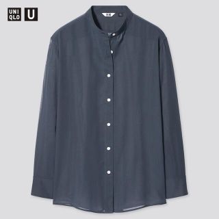 ユニクロ(UNIQLO)のUNIQLO シアーバンドカラーシャツ　ブルー　Mサイズ(シャツ/ブラウス(長袖/七分))