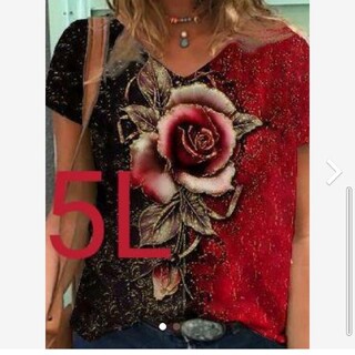 新品大きいサイズ5L薔薇バラ柄カットソーTシャツレッド(Tシャツ(半袖/袖なし))