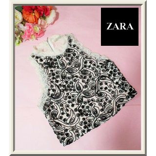 ザラ(ZARA)の【ザラ/ZARA】レース＆コード刺繍ブラウス☆白黒☆ノースリーブ(シャツ/ブラウス(半袖/袖なし))