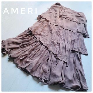 アメリヴィンテージ(Ameri VINTAGE)のAMERI アメリ　フリルフレアロングスカート　くすみカラー　ピンク　ベージュ(ロングスカート)