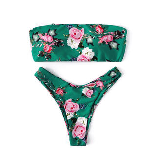 Flower Lace-Up Bandeau Bikini Set (S)(水着)