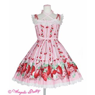 アンジェリックプリティー(Angelic Pretty)の摘みたていちご シャーリング ジャンパースカート JSK 新品未使用 タグ付(ひざ丈ワンピース)