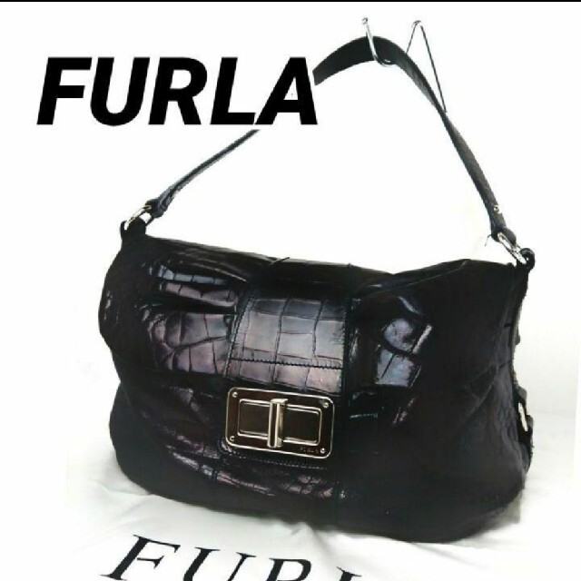 美品 FURLA フルラ クロコ 型押し ハンドバッグ  レザー バッグ 黒