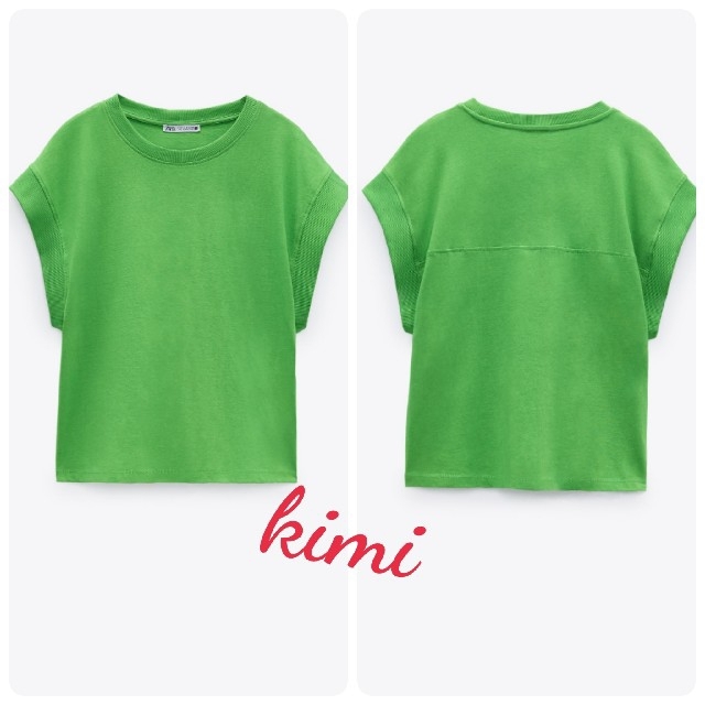 ZARA(ザラ)のZARA　2枚　(L　グリーン&ブラック)　リブ編みTシャツ レディースのトップス(Tシャツ(半袖/袖なし))の商品写真