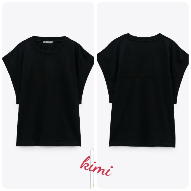 ZARA(ザラ)のZARA　2枚　(L　グリーン&ブラック)　リブ編みTシャツ レディースのトップス(Tシャツ(半袖/袖なし))の商品写真