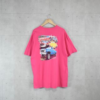 レーシングプリント　トラック　オーバーサイズ　ピンク　プリントTシャツ　古着(Tシャツ/カットソー(半袖/袖なし))