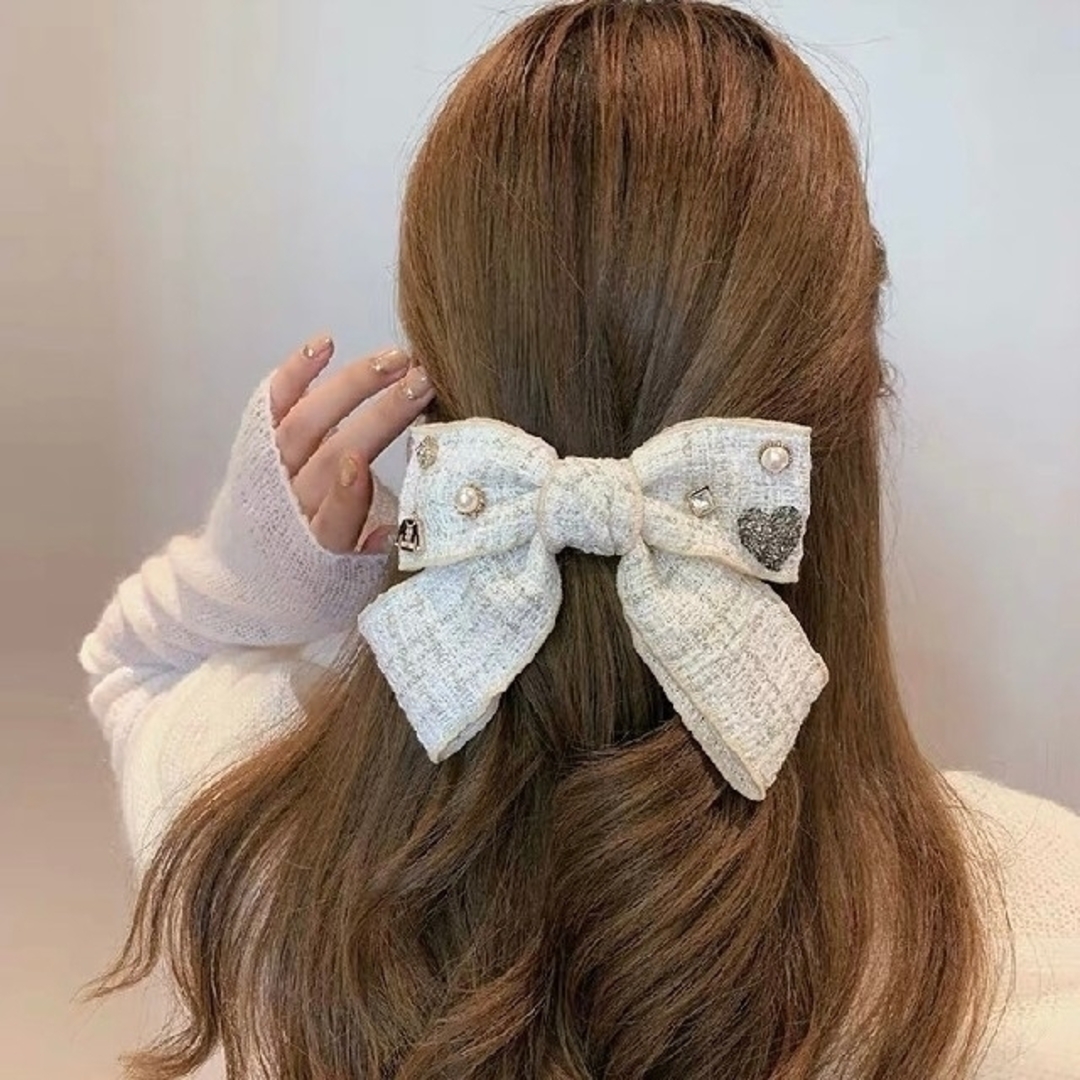 《即納》ツイード リボン バレッタ ヘアアクセサリー レディースのヘアアクセサリー(バレッタ/ヘアクリップ)の商品写真