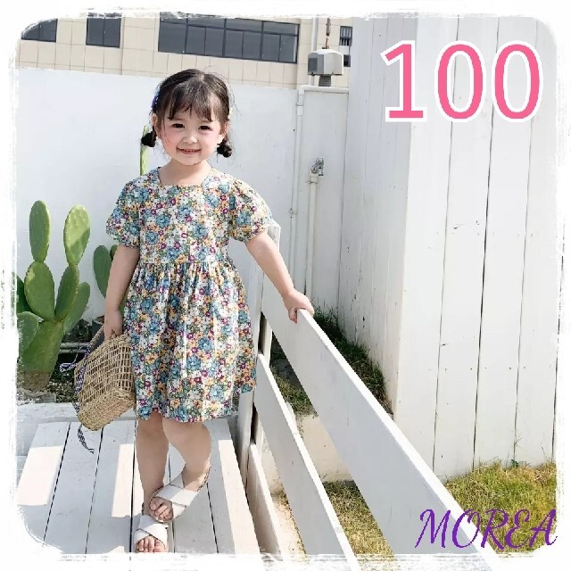 新品　100 花柄　レトロ　ワンピース　夏　女の子　キッズ　韓国子供服 キッズ/ベビー/マタニティのキッズ服女の子用(90cm~)(ワンピース)の商品写真