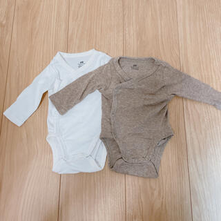 エイチアンドエム(H&M)のロンパース 肌着 長袖 ブラウン ホワイト 2枚セット 50 新生児(ロンパース)