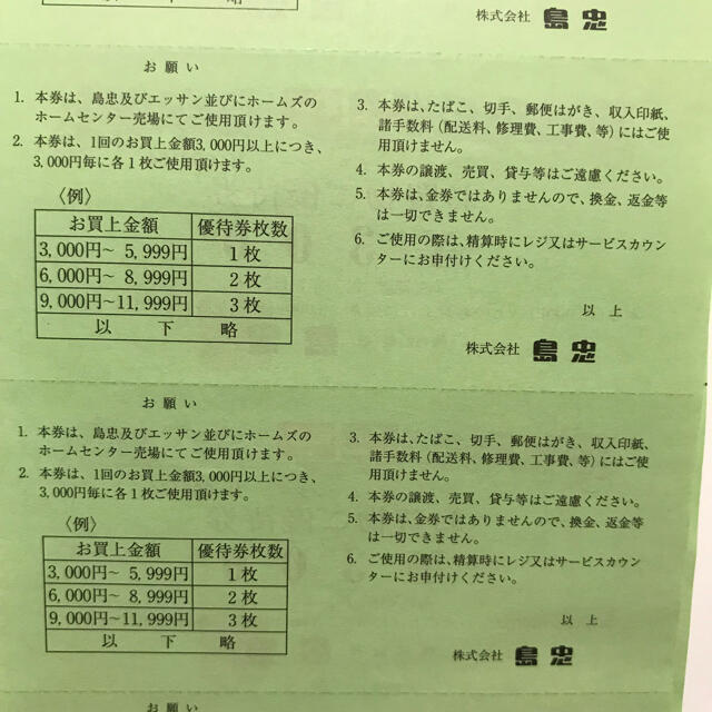 島忠　株主優待券　10％引　5万円まで　シマホ　優待券 300円 割引券 4枚 チケットの優待券/割引券(ショッピング)の商品写真