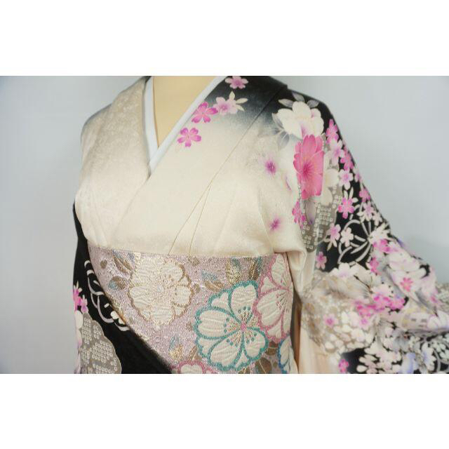 京友禅 刺繍 3点セット 振袖 袋帯 花柄 正絹 黒 白 ピンク 031 レディースの水着/浴衣(着物)の商品写真