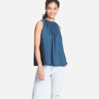 ユニクロ(UNIQLO)のUniqlo ユニクロ 麻 ノースリーブ L ネイビー 紺(シャツ/ブラウス(半袖/袖なし))