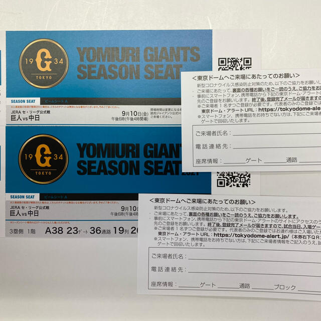 東京ドーム 巨人対中日 9月10日金曜日ペアチケット インターネット通販