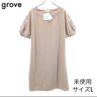 グローブ(grove)の未使用 グローブ 袖刺繍 半袖ワンピース L ブラウンベージュ grove(ロングワンピース/マキシワンピース)