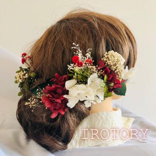 【本物のお花の髪飾り】モスグリーン＆レッド系 アレンジ６本 プリザーブド 髪飾り(ヘアアクセサリー)