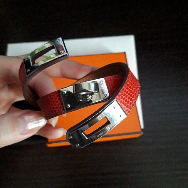 HERMES エルメス ブレスレット ケリー シルバー レッド リザード革