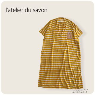 アトリエドゥサボン(l'atelier du savon)のアトリエドゥサボン . ボーダー Ｖネック リネン混 ワンピース(ひざ丈ワンピース)