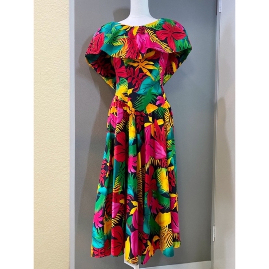 実寸肩幅アンティーク ビンテージ 70s 花柄 ハワイアン ドレス ワンピース