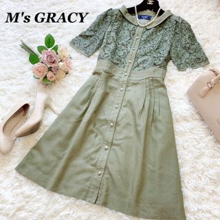 エムズグレイシー(M'S GRACY)の美品♡エムズグレイシー　花柄レース　襟付き　ひざ丈ワンピース　半袖　38(ひざ丈ワンピース)