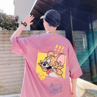 トムとジェリー　オーバーサイズ　アメコミ　グラフィック　Tシャツ　ピンク(Tシャツ/カットソー(半袖/袖なし))