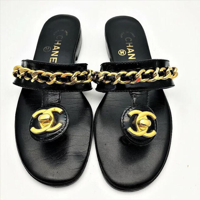 シャネル CHANEL トングサンダル ココマーク ターンロック チェーン 黒